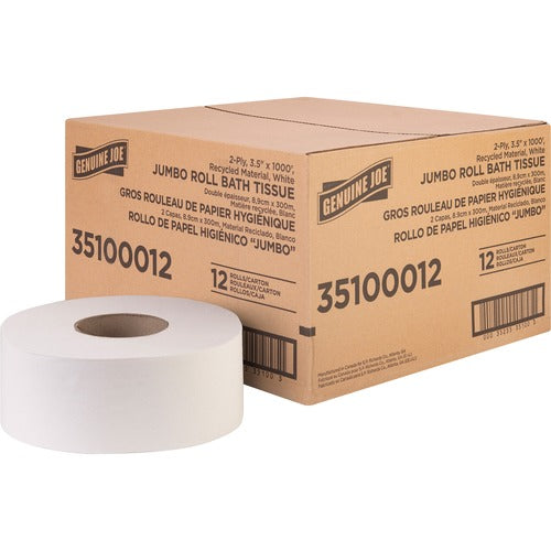 Genuine Joe Bath Tissue Roll,Jumbo,2-Ply,3.5"x1000',8.88"Dia,12/CT, WE-GJO35100012