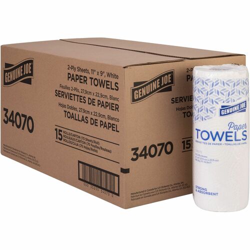 Genuine Joe Towel Roll,Paper,2-Ply,70Shts/RL,9"x11",15/CT,Brown-GJO34070