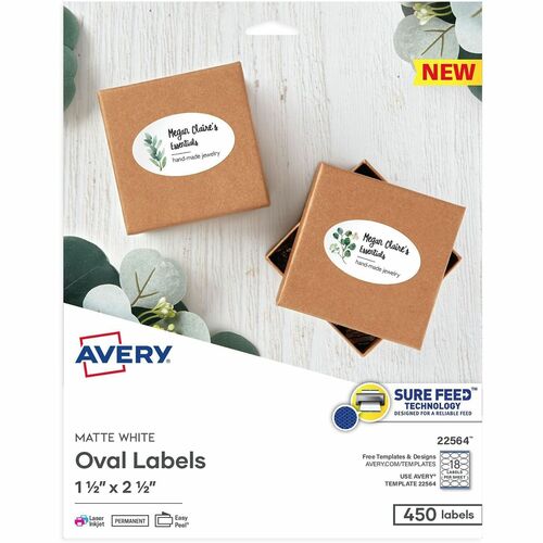 Avery Labels,Oval,Sure Feed,Perm,1-1/2"x2-1/2",450/PK,Matte WE