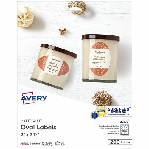 Avery Labels,Oval,Sure Feed,Perm,2"x3-1/3",200/PK,Matte WE
