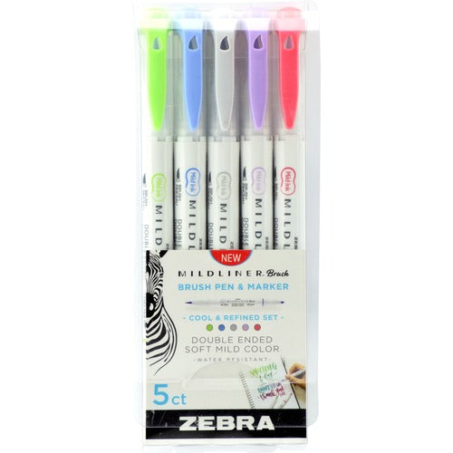 Zebra Brush Pen and Marker, Cool/Refined,1/2"x7/10x5-3/5",5/PK,AST