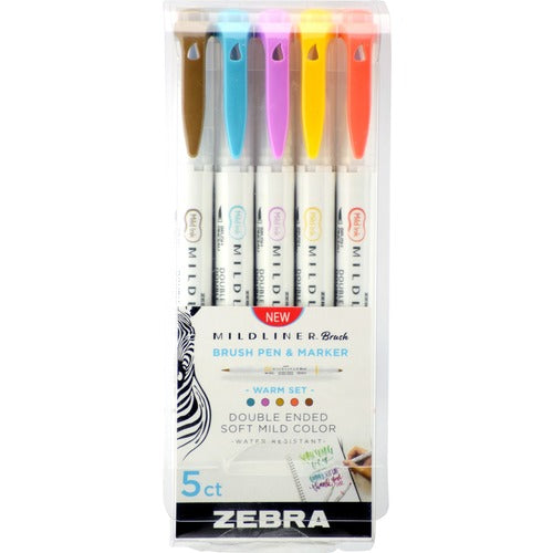 Zebra Brush Pen and Marker, Warm, 1/2"x7/10x5-3/5", 5/PK, AST