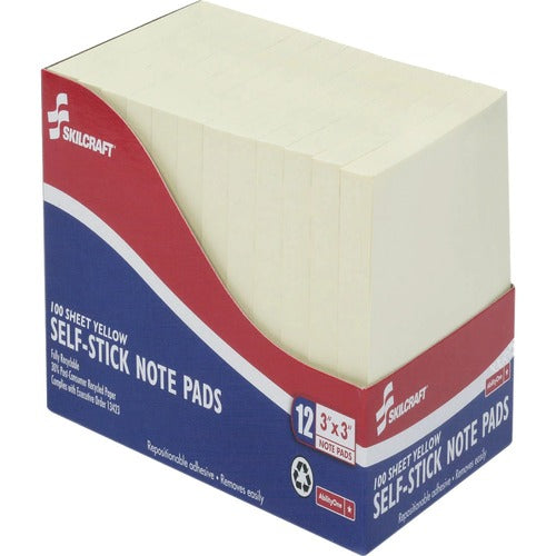 SKILCRAFT Self-Stick Note Pads, Plain, 100 Sht, 3"x3", YW