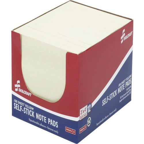SKILCRAFT Self-Stick Note Pads, Plain, 100 Sht, 3"x4", YW