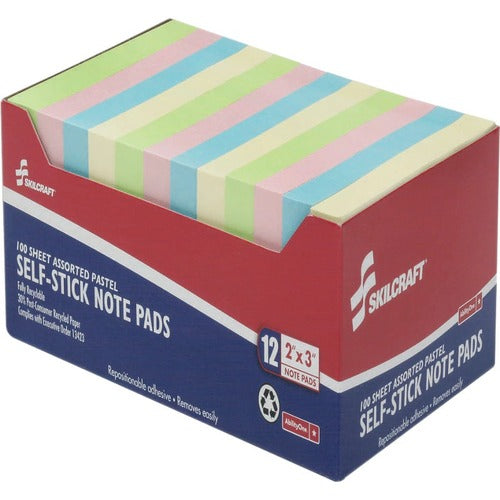 SKILCRAFT Self-Stick Notepads, 100 Sht, Plain, 2"x3",12/PK, AST Pastel