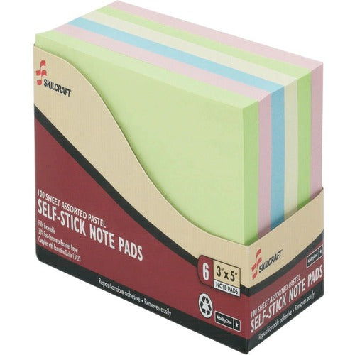 SKILCRAFT Self-Stick Notepads, 100 Sht, Plain, 3"x5", 6/PK, AST Pastel