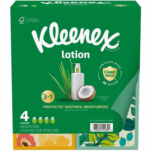 Kimberly-Clark Professional Facial Tissue, Soothing Lotion, 3-ply, 60Sht/Box, 4/PK, WE