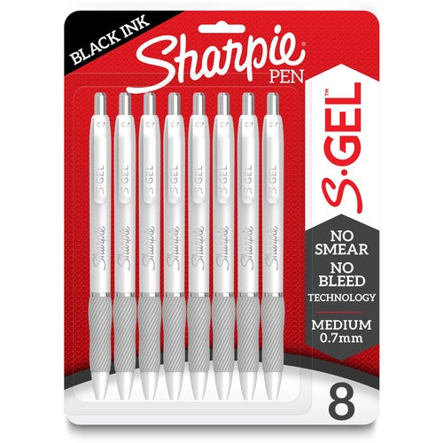 Newell Brands Sharpie Pen, Gel, 0.7mm, 8/PK, Black Ink/White Barrel