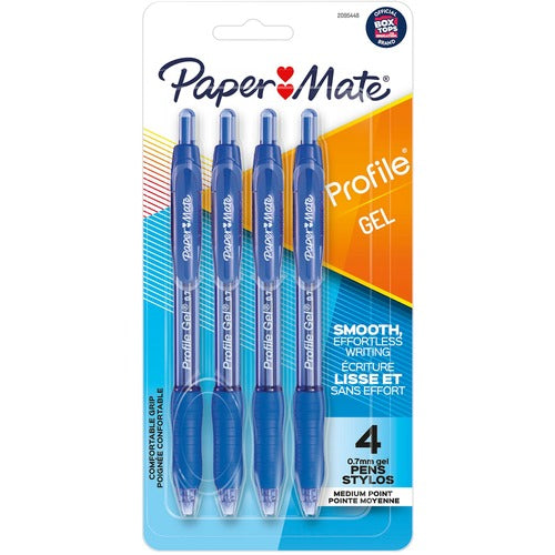 Paper Mate Gel Pen, 0.7mm Point, 3/10"Wx3/10"Lx7"H, 4/PK, Blue
