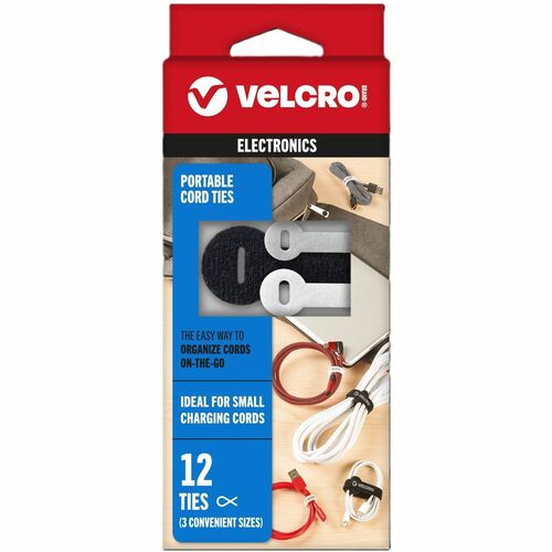 Velcro Industries Cord Ties, Portable, Hook/Loop, 12/PK, AST
