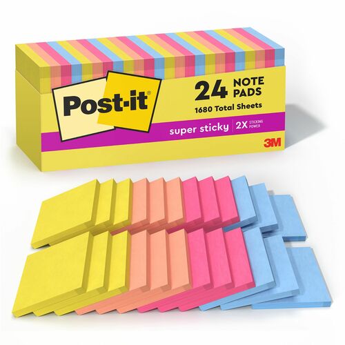 3M Super Sticky Notes,3"x3",70Sht,24PD/PK,Summer Joy AST