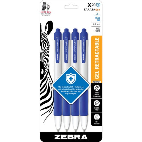Zebra Gel Pens,Retractable,RapidDryInk,Antimicrobial,0.7mm,4/PK,BE