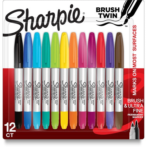 Newell Brands Permanent Markers, Dual Tip, Brush,Ultra-Fine, 12/PK, AST