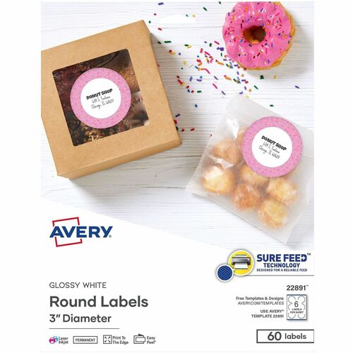 Avery Labels,Round,Glossy,Easy Peel,Sure Feed,3"Dia,60/PK,WE