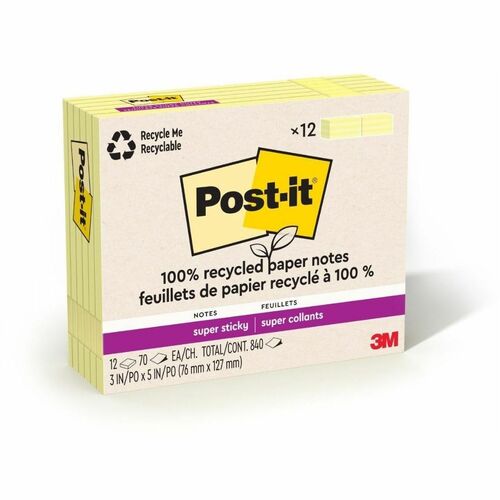 3M Super Sticky Pads,90 Sheets/PD,3"x5",12PD/PK,Canary YW