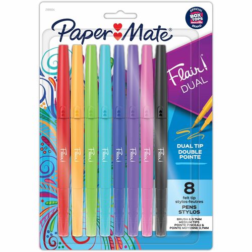 Paper Mate Pens,Flair,Dual-End,Brush/Medium Tip,8/PK,AST