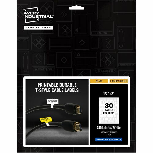 Avery Labels,f/Cables,T-Style, Laser/Inkjet,1.25"x2",300/PK,White