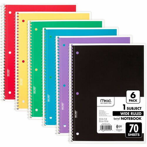 Mead Spiral Notebook, 1-Subject, Wide/Legal Rule, Assorted Cover Colors, (70) 10.5 x 8 Sheets, 6/Pack