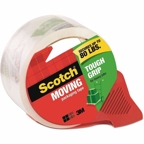 3M Tough Grip Moving Packaging Tape with Dispenser, 3" Core, 1.88" x 54.6 yds, Clear