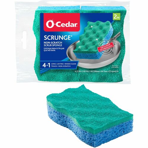 O-Cedar Sponge, Scrub, Nonscratch, 4.25"x2.63", 2/PK, Blue/Green-FHP169431