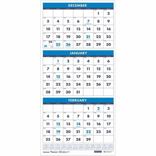 SKILCRAFT Wall Calendar,Vertical,Mthly,14 Mths,Jan-Dec,12-1/4"x26",MI
