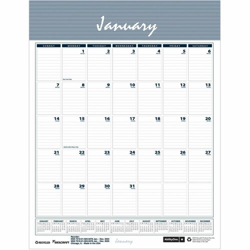 SKILCRAFT Wall Calendar, Monthly, 1PPD, Jan-Dec, 8-1/2"x11", WE/BE/GY