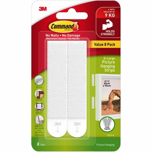 3M HangingStrips,XtraLarge,20lbCap,DamageFree,Foam,8Pairs/PK,WE