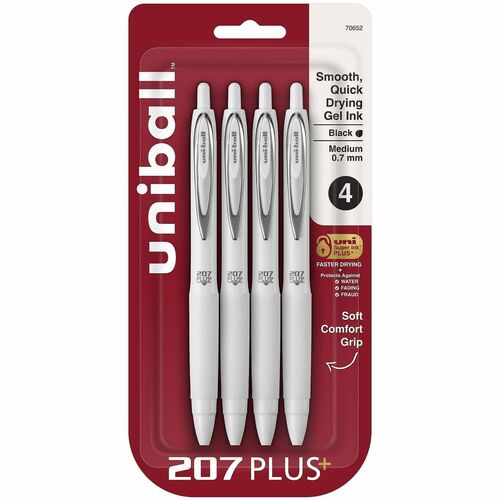uni-ball Corporation Pen,Gel,207Plus,Retractable,0.7mm,4/PK,BK Ink/White Barrel