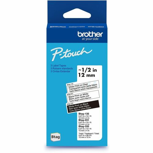 Brother Label Tape,Btag,0.47"x13.1',3/PK,WEonClear,BKonWE,WEonBK