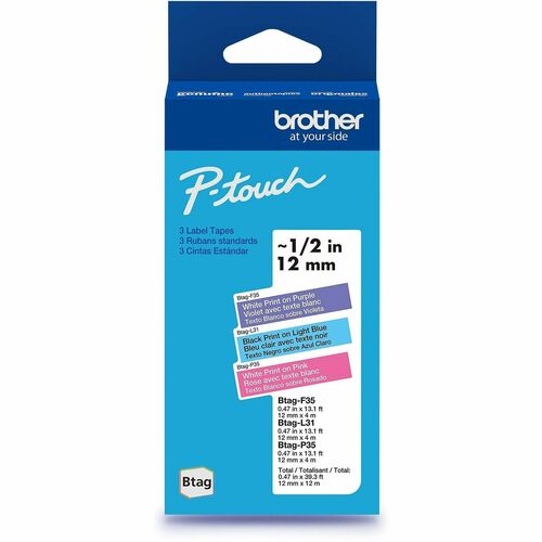 Brother Label Tape,Btag,0.47"x13.1',3/PK,WEonPE,BKonLightBE,WEonPK