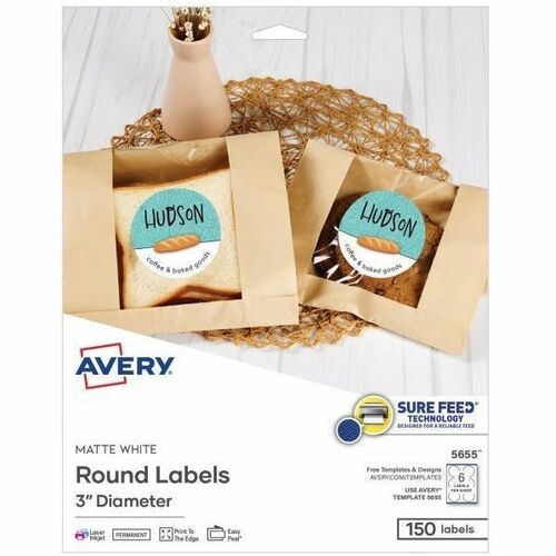 Avery Labels,Round,SureFeed,EasyPeel,Inkjet&Laser,3",150/PK,MTEWE