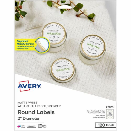 Avery Labels,Round,Boarder,PrinterSafe,2"Dia,120/PK,White/GOld