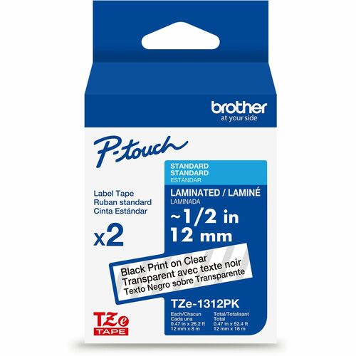 Brother Label Tape,Lamin,f/P-touch,0.47"x26.2',2/PK,BlackonClear