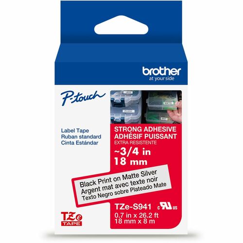 Brother Label Tape,Xtra-Strgth,f/P-touch,0.7"x26.2',BKonMatte Silver