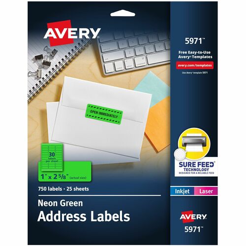 Avery Address Labels, Laser, 1"x2-5/8", 750/PK, Neon Green