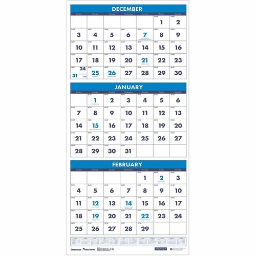 SKILCRAFT Mon. Planner,14 Month,3-Month View,12.25"x26",Dec-Jan,'26,WT