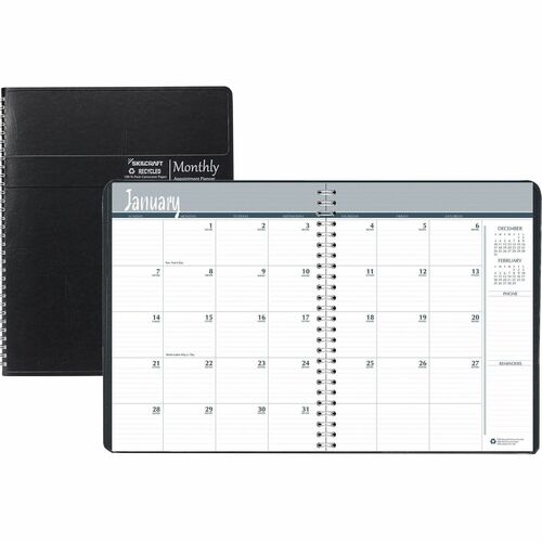 SKILCRAFT Monthly Planner,14 Mon.,Reminder&Contact,8.5"x11",Dec-Jan,BK