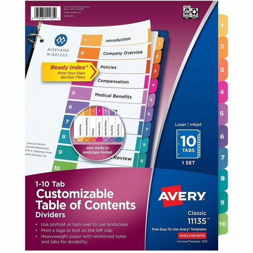 Avery Ready Index Dividers,TOC,1-10 Tab,3HP,8-1/2"x11",1 ST,Multi
