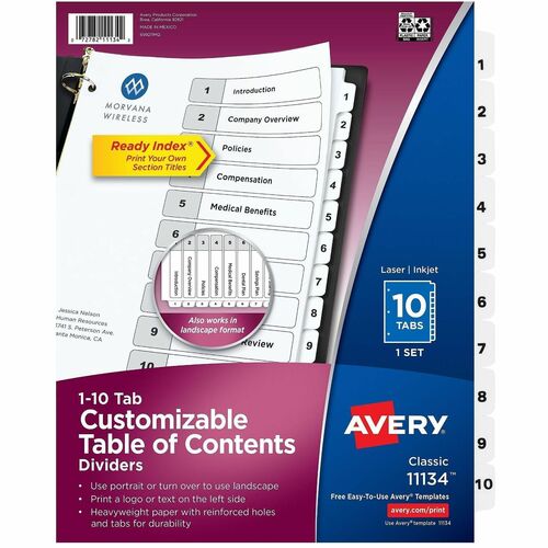 Avery Index Dividers, 1-10 Tab, 8-1/2"x11", 1 ST, BK/WE