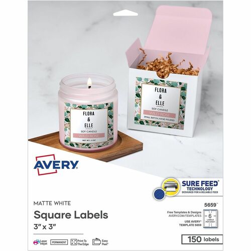 Avery Labels,Square,Matte,PrinterSafe,SureFeed,3"x3",150/PK,White