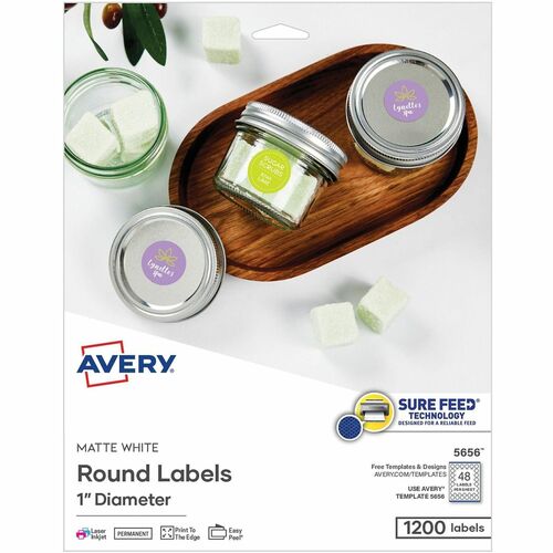 Avery Labels,Round,SureFeed,Matte,PrinterSafe,1"Dia,1200/PK,White
