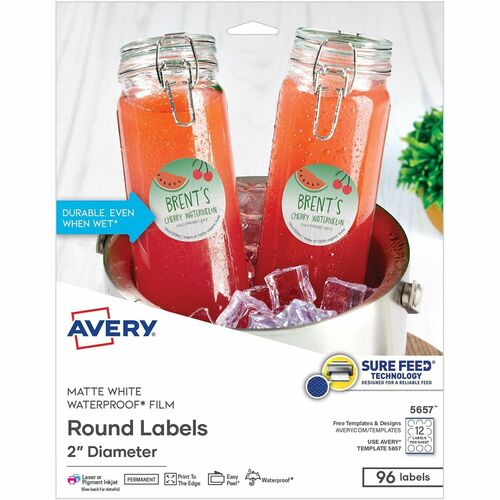 Avery Labels,Round,SureFeed,Print,Waterproof,Polyester,2",96/PK,WE