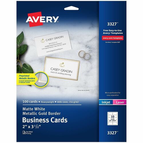 Avery BusinessCards,GoldBorder,Print,80lb/216gsm,2"x3.5",100/PK,WE