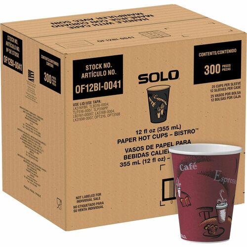 Solo Cup Company Hot Cups, Single-sided Poly Paper, 12 oz, 300/CT, Maroon