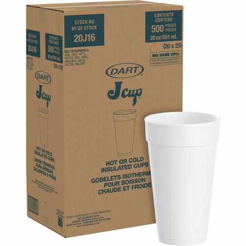 Dart Container Corp Cups, Hot/Cold, Foam, 20 oz, 20/PK,25PK/CT, White