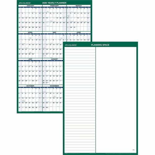 AT-A-GLANCE Erasable Wall Calendar,Vertical,2-Sided,24"x36",Green/Blue