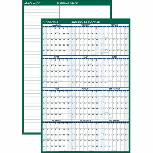 AT-A-GLANCE Erasable Wall Calendar,Vertical,2-Sided,32"x48",Green/Blue