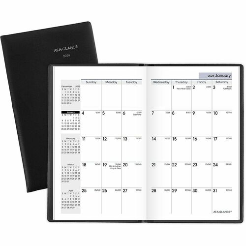 AT-A-GLANCE Pocket Monthly Planner,14 Month,2PPM,3-5/8"x6-3/16",Black