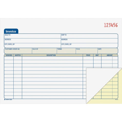Adams Invoice Book,2-Part,Carbonless,8-7/16"x5-9/16",100 Sht,BE/WE