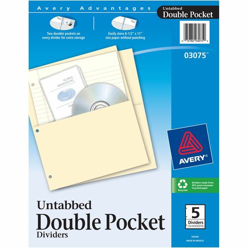 Avery Untabbed Dbl Pocket Dividers, 3HP,9-1/4"x11-1/8", 5/PK, Buff